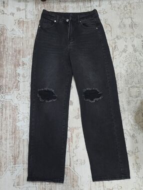 SHEIN Black Distressed High-Rise Straight Leg Jeans